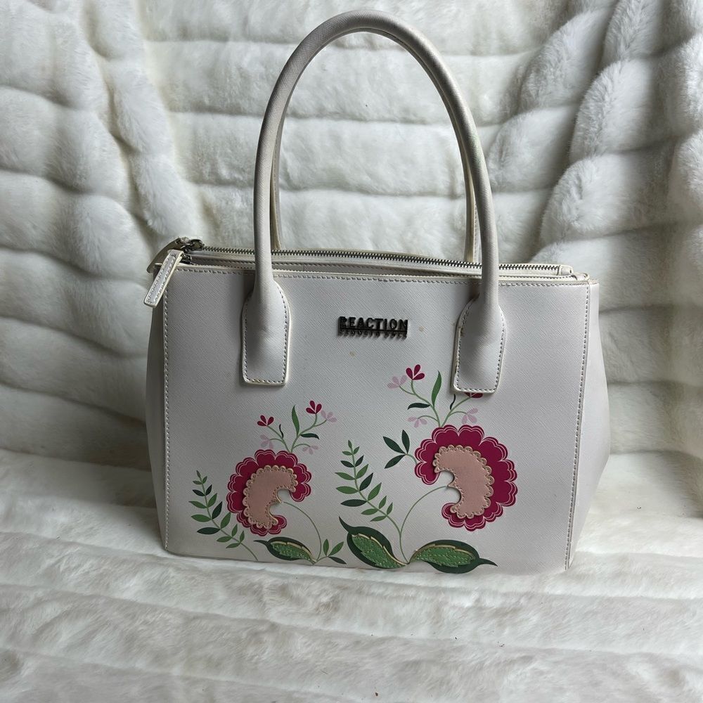 Kenneth Cole Reaction white vegan leather satchel pink flowers appliqué accents